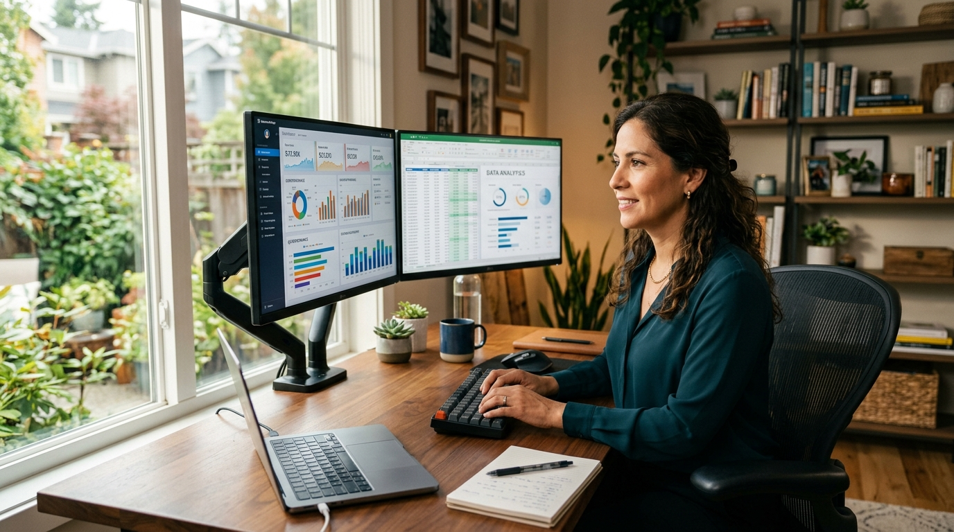 Latin American virtual assistant working at a dual-monitor home office setup — nearshore recruiting for US companies in 2026