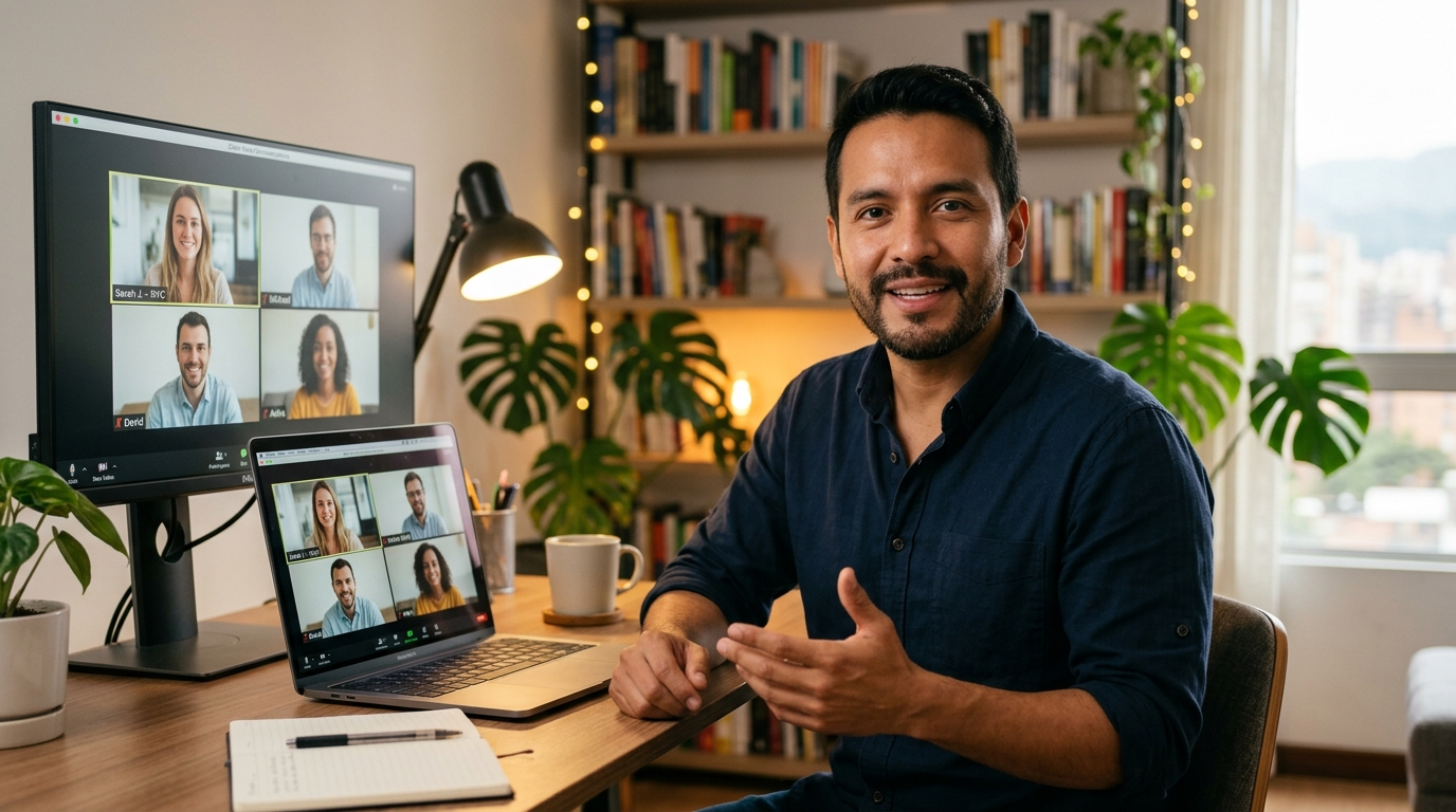Latin American nearshore VA on a video call with a US business team, demonstrating real-time collaboration across time zones