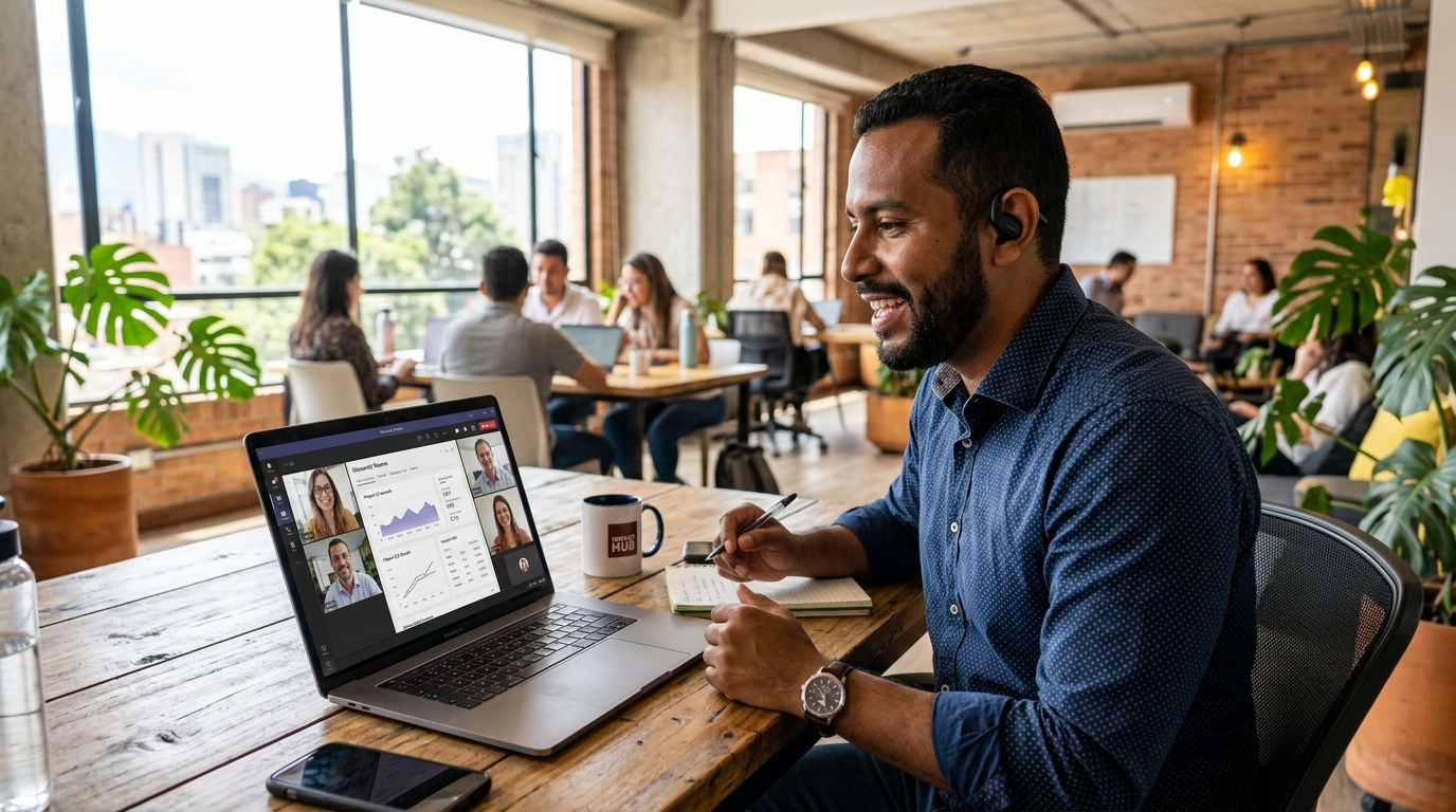 Nearshore virtual assistant on a video call with US business clients — real-time collaboration across time zones