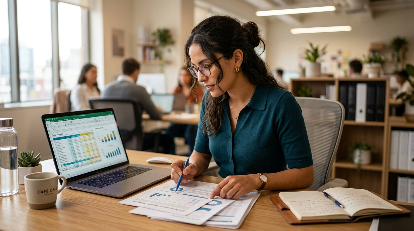 Nearshore virtual assistant reviewing business documents — skilled Latin American professional working US business hours