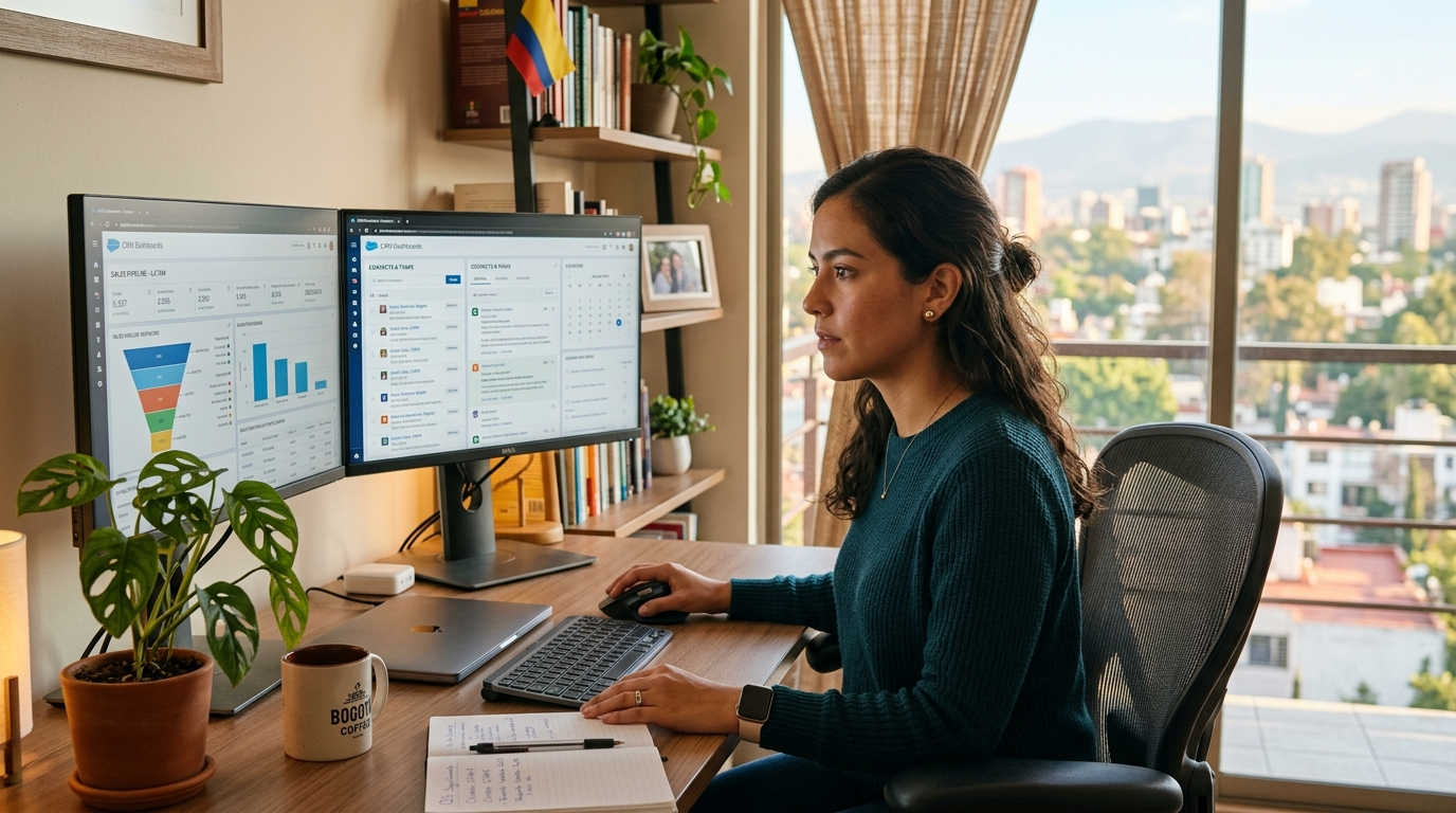 Latin American virtual assistant at her desk doing nearshore recruitment work for a US business, dual monitors visible, natural light