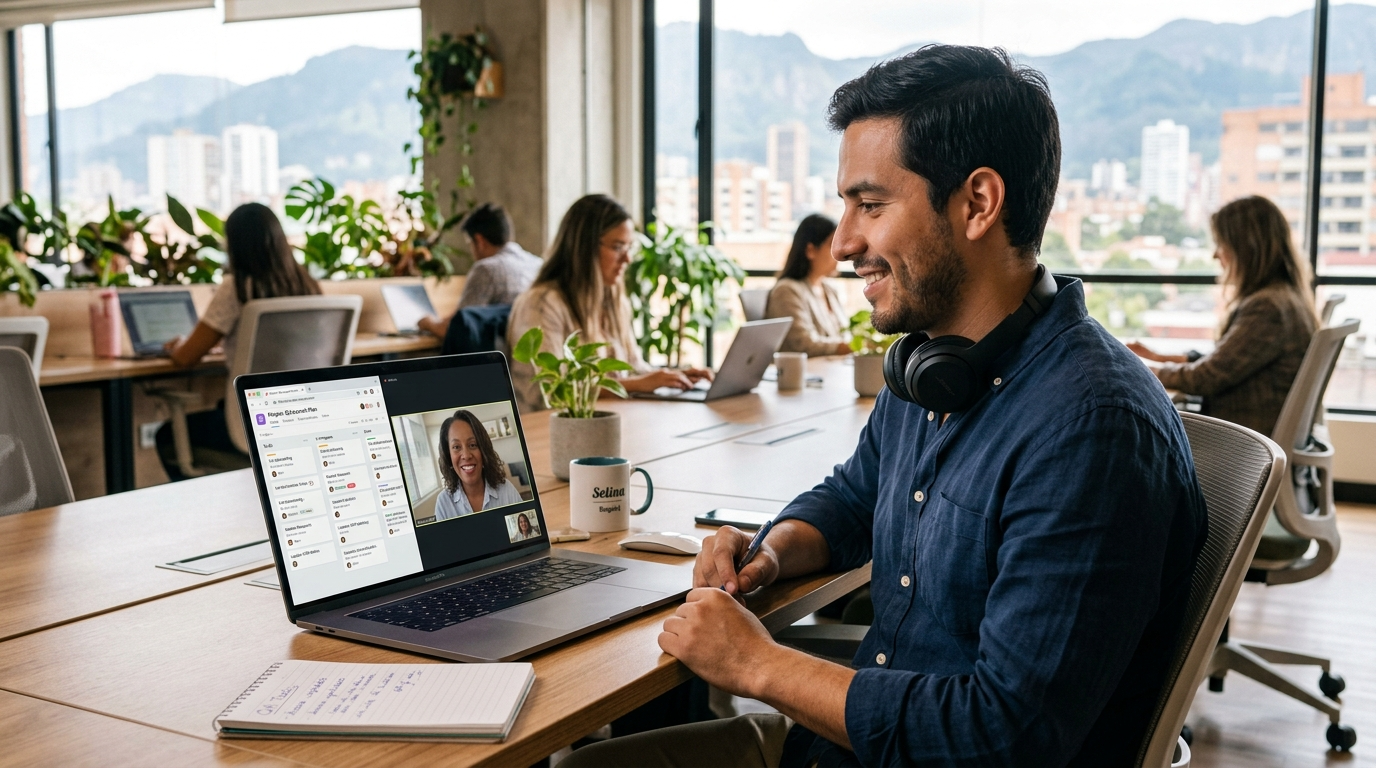 Latin American nearshore recruitment professional on a video call with his US-based manager, project dashboard visible on laptop