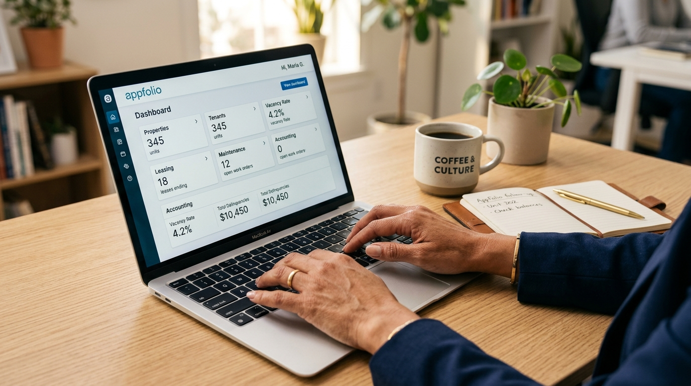 Nearshore virtual assistant using property management software with AI copilot assistance, AppFolio dashboard on screen