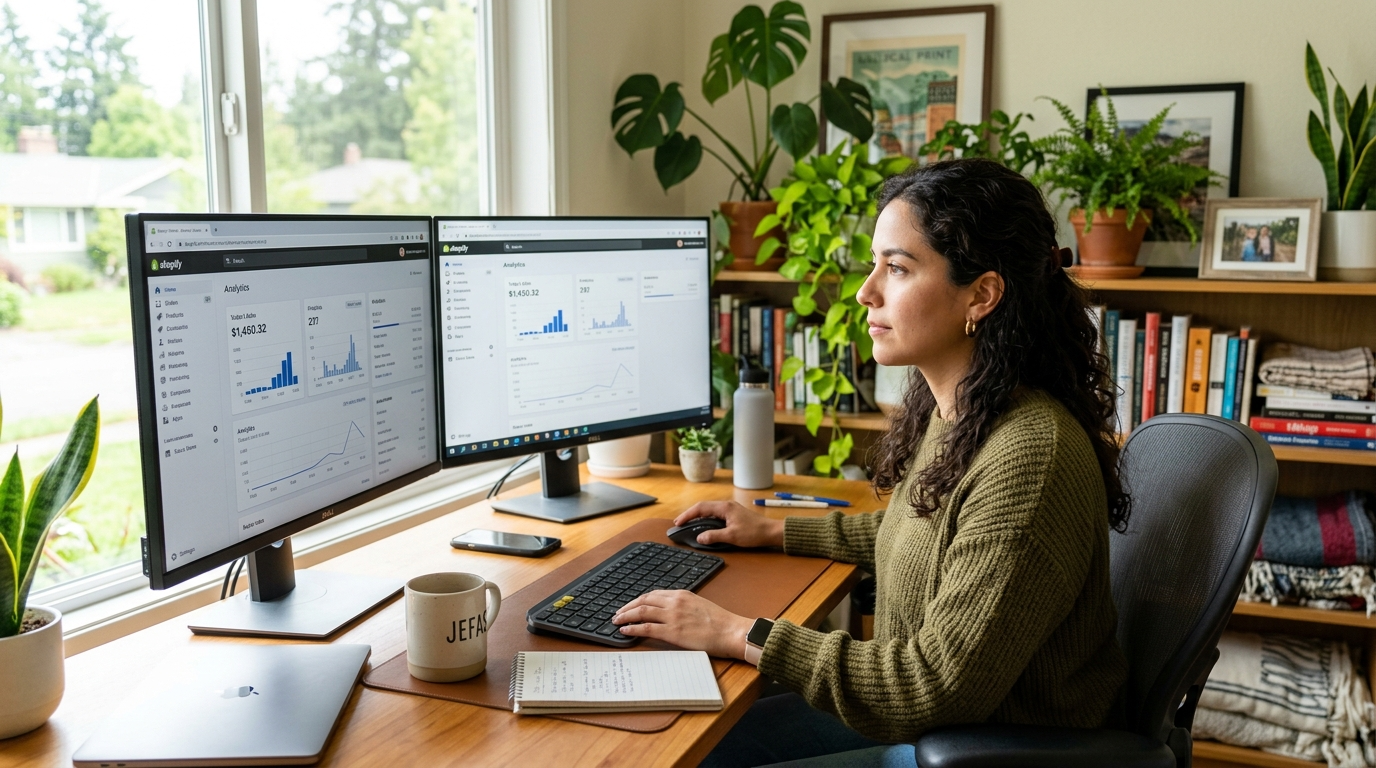 Latin American nearshore Shopify VA reviewing product listings and order management dashboard at a sunlit home office desk