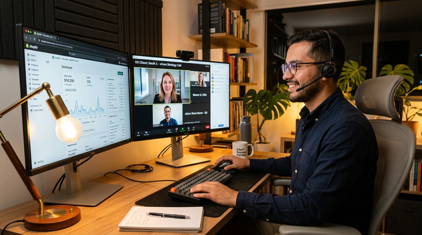 Nearshore Shopify VA on video call with US ecommerce client, Shopify admin visible on secondary monitor