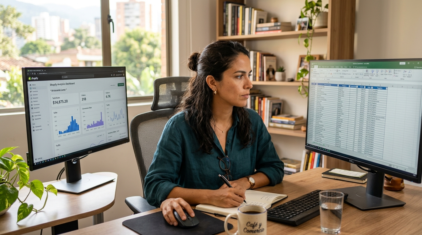 Nearshore Shopify VA managing multi-channel inventory data across Shopify and Amazon dashboards at a well-lit home office