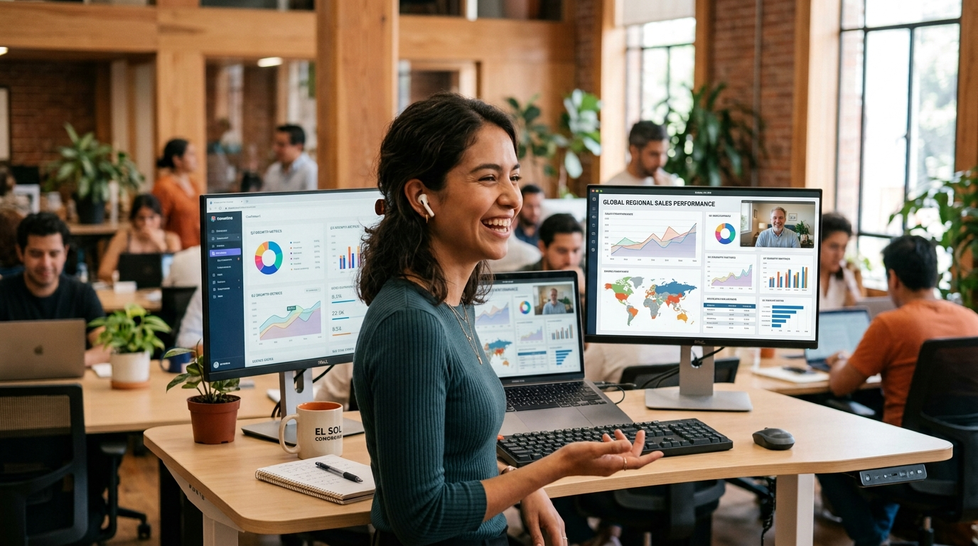Latin American nearshore solutions VA on a video call with a US business client, dual monitors visible in a modern workspace