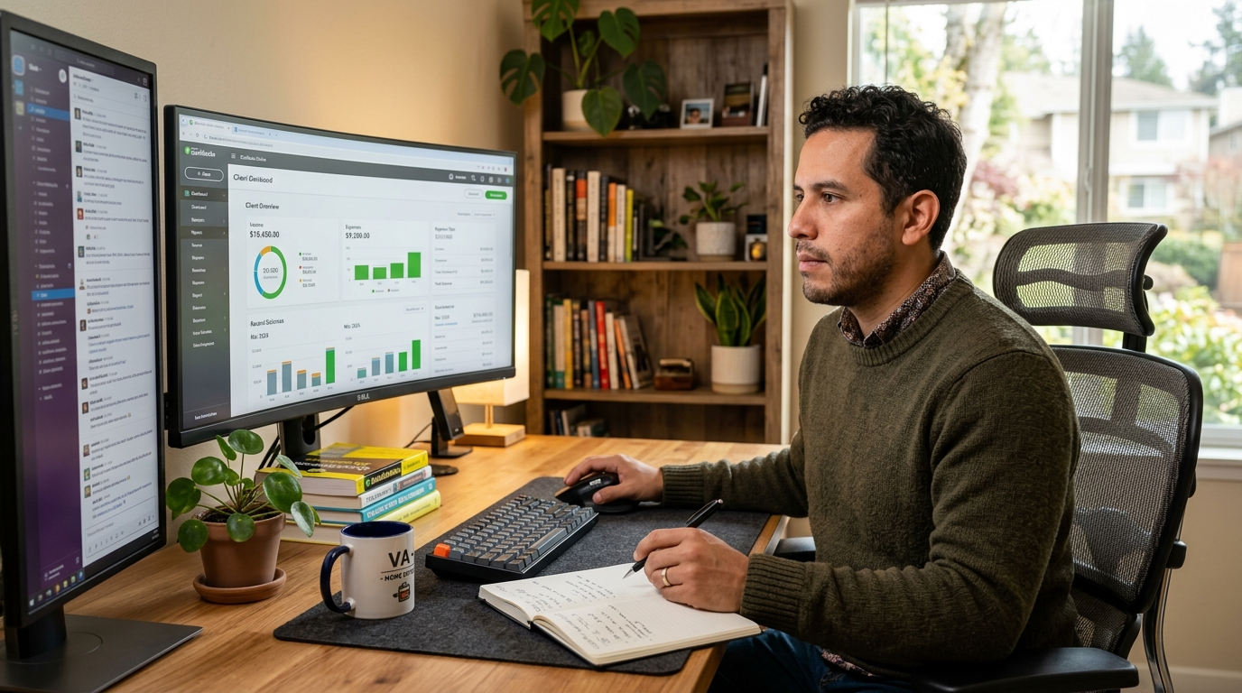 Latin American nearshore VA reviewing a QuickBooks dashboard at a home office desk during US business hours