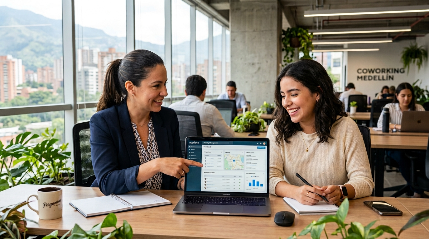 Nearshore virtual assistants in a Latin American co-working space reviewing AppFolio property management software together