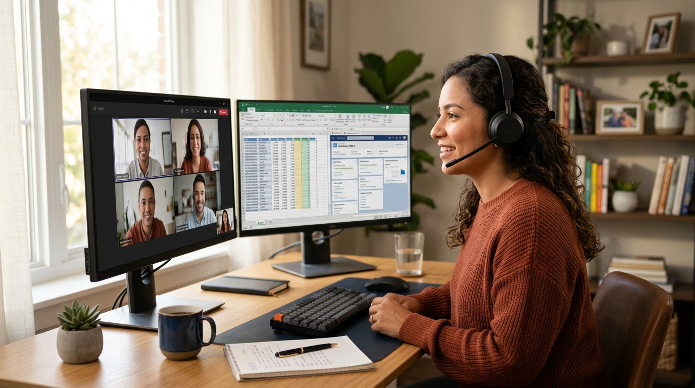 Latin American nearshore virtual assistant working full-time for an Australian business, dual monitors visible, professional home office setup