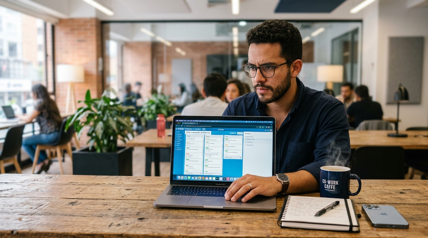 Nearshore virtual assistant from Latin America reviewing client workflows at a co-working space, laptop open, professional setting