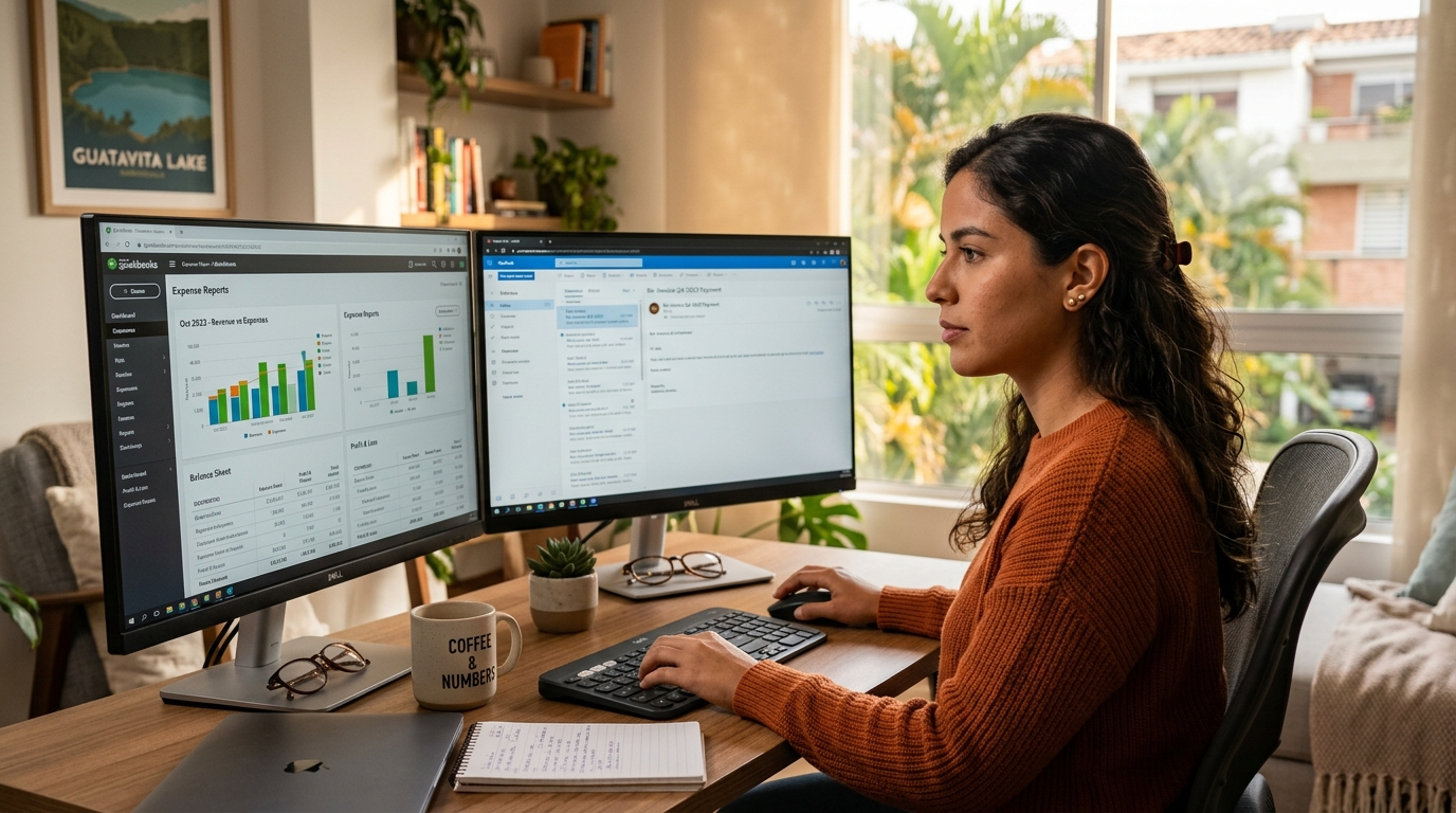 Latin American virtual assistant working at dual-monitor home office setup for a nearshore staffing agency serving France-based businesses