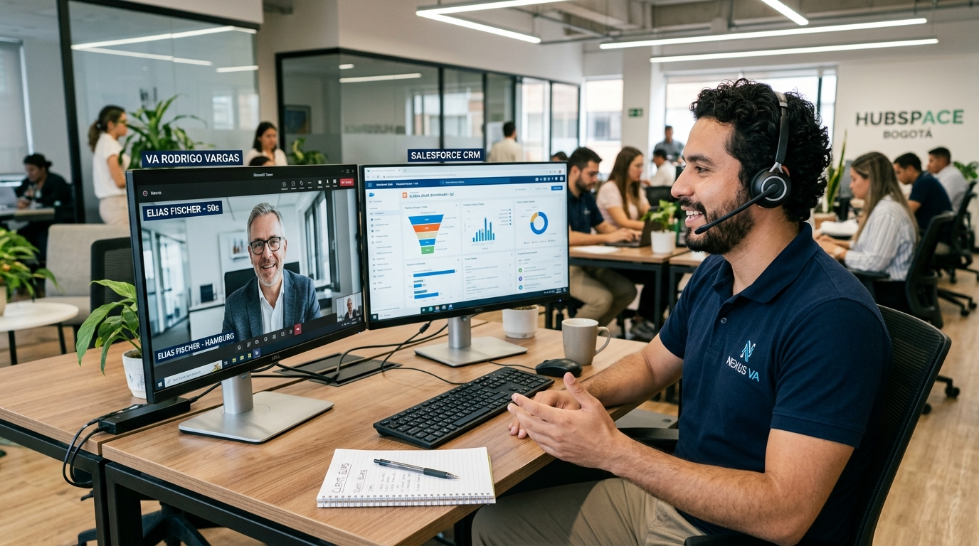 Latin American nearshore VA on video call with France-based business client, CRM dashboard visible on screen