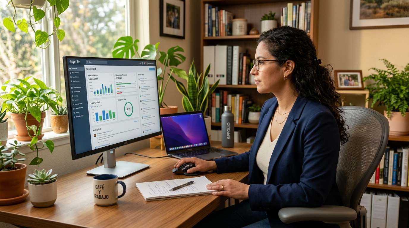 Latin American nearshore VA reviewing AppFolio property management software, demonstrating AI-assisted workflow for France-connected property owners