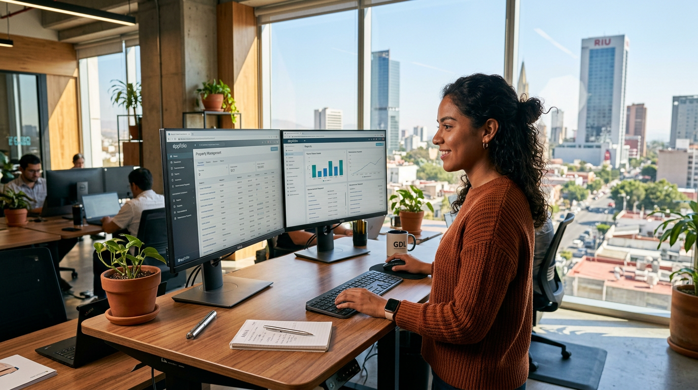 Latin American VA at a nearshore staffing agency Guadalajara-style co-working space reviewing AppFolio dashboard on dual monitors