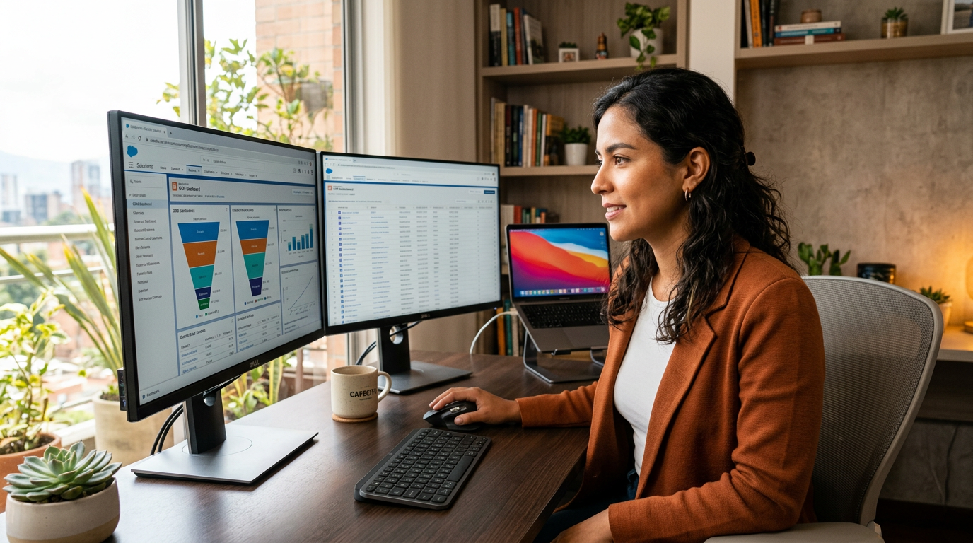 Latin American virtual assistant at a nearshore staffing agency placement working on a CRM dashboard in a modern home office