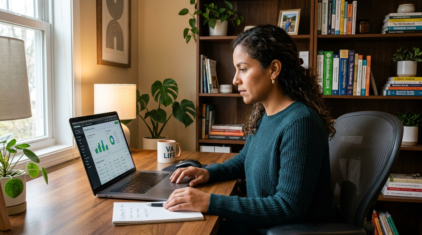Nearshore staffing agency VA reviewing QuickBooks financial data at a professional home office desk in Latin America