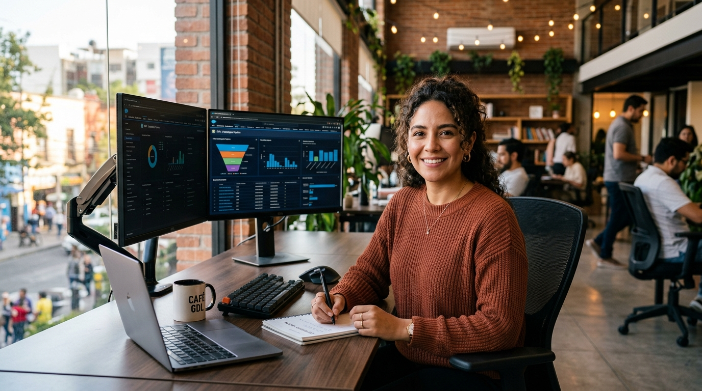 Latin American virtual assistant at a nearshore staffing firm GDL office reviewing a CRM dashboard on dual monitors in 2026