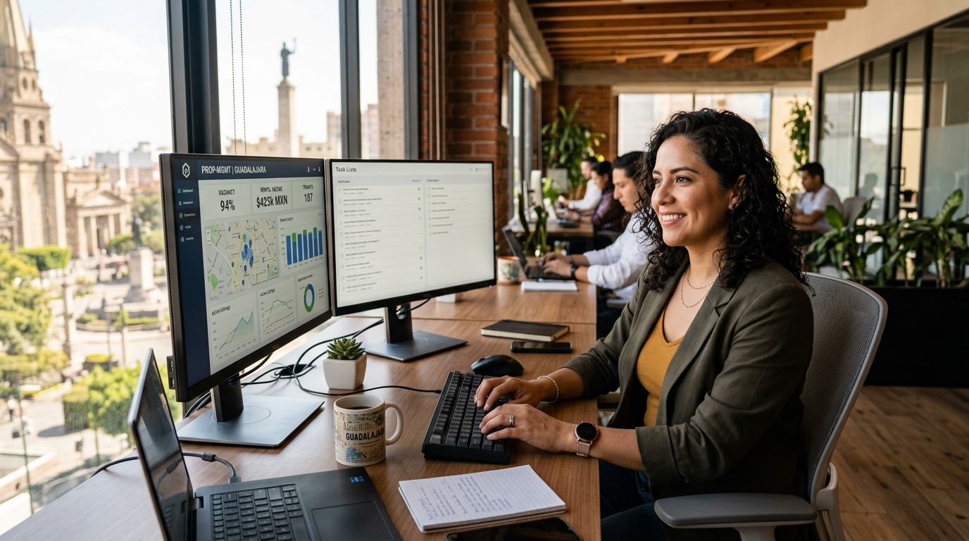 Latin American virtual assistant at Guadalajara nearshore staffing firm workstation reviewing property management software in 2026
