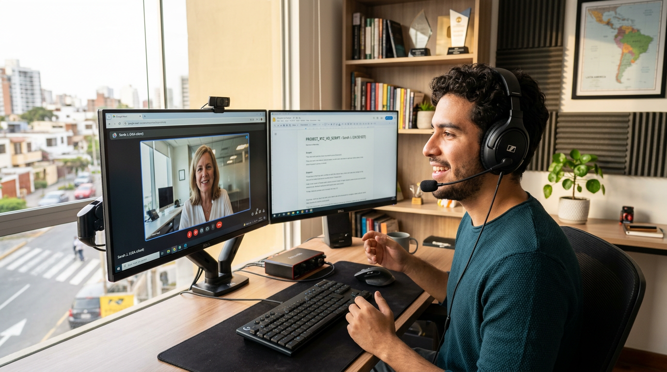 Nearshore virtual assistant from Guadalajara staffing firm on live video call with US business client during shared business hours