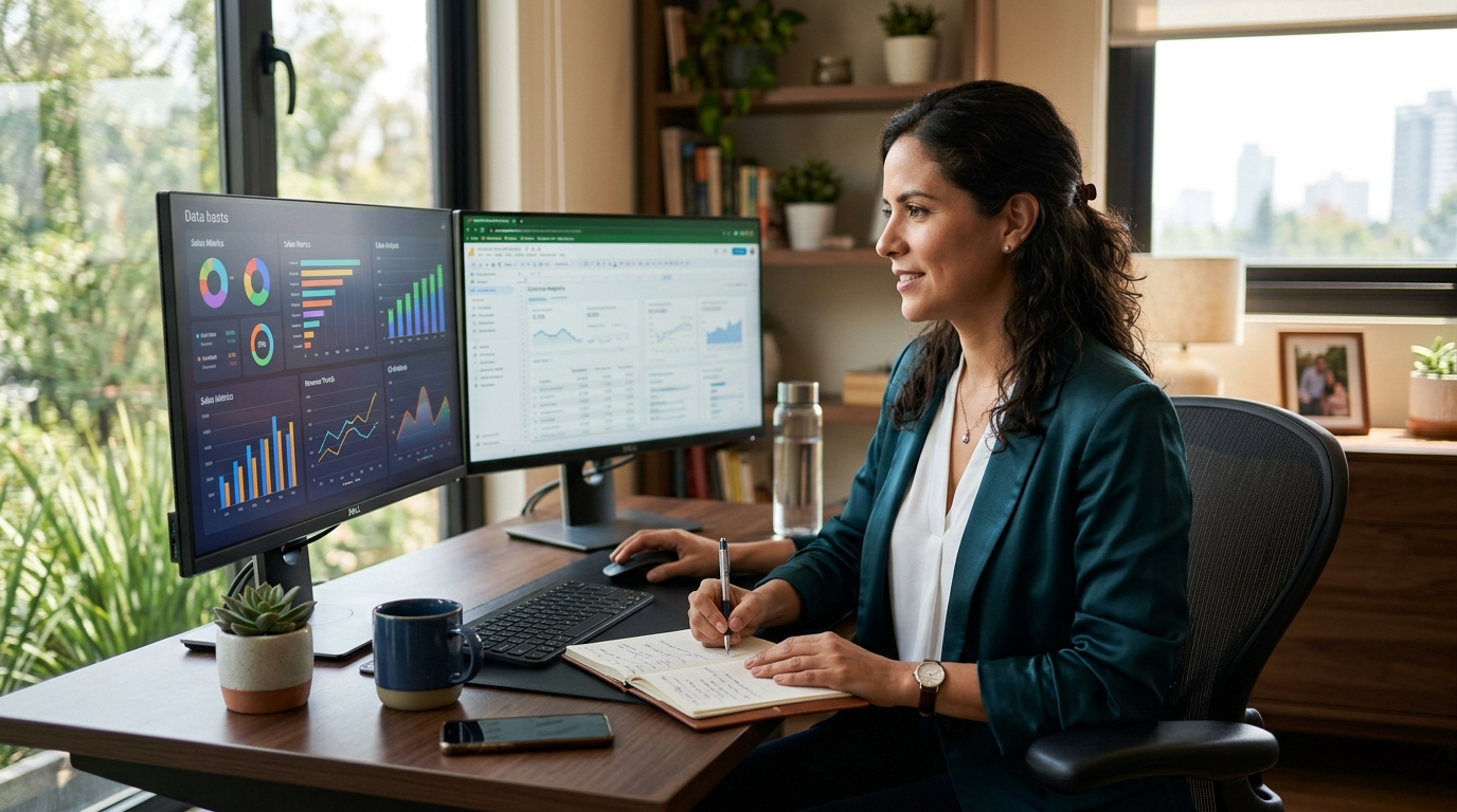 Latin American nearshore virtual assistant reviewing business growth analytics on dual monitors in a bright modern home office