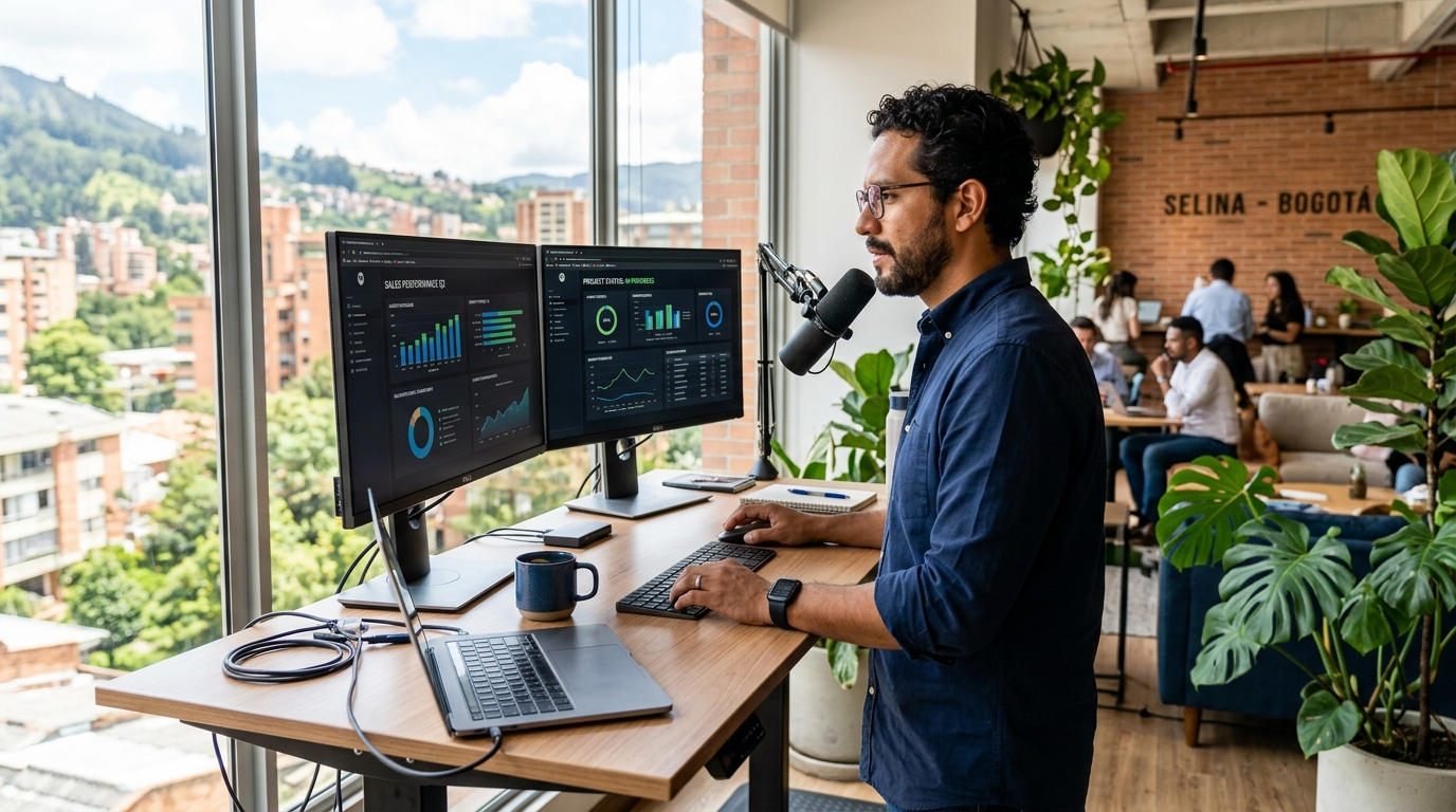 Nearshore virtual assistant in Bogotá coworking space managing business growth dashboards on dual monitors