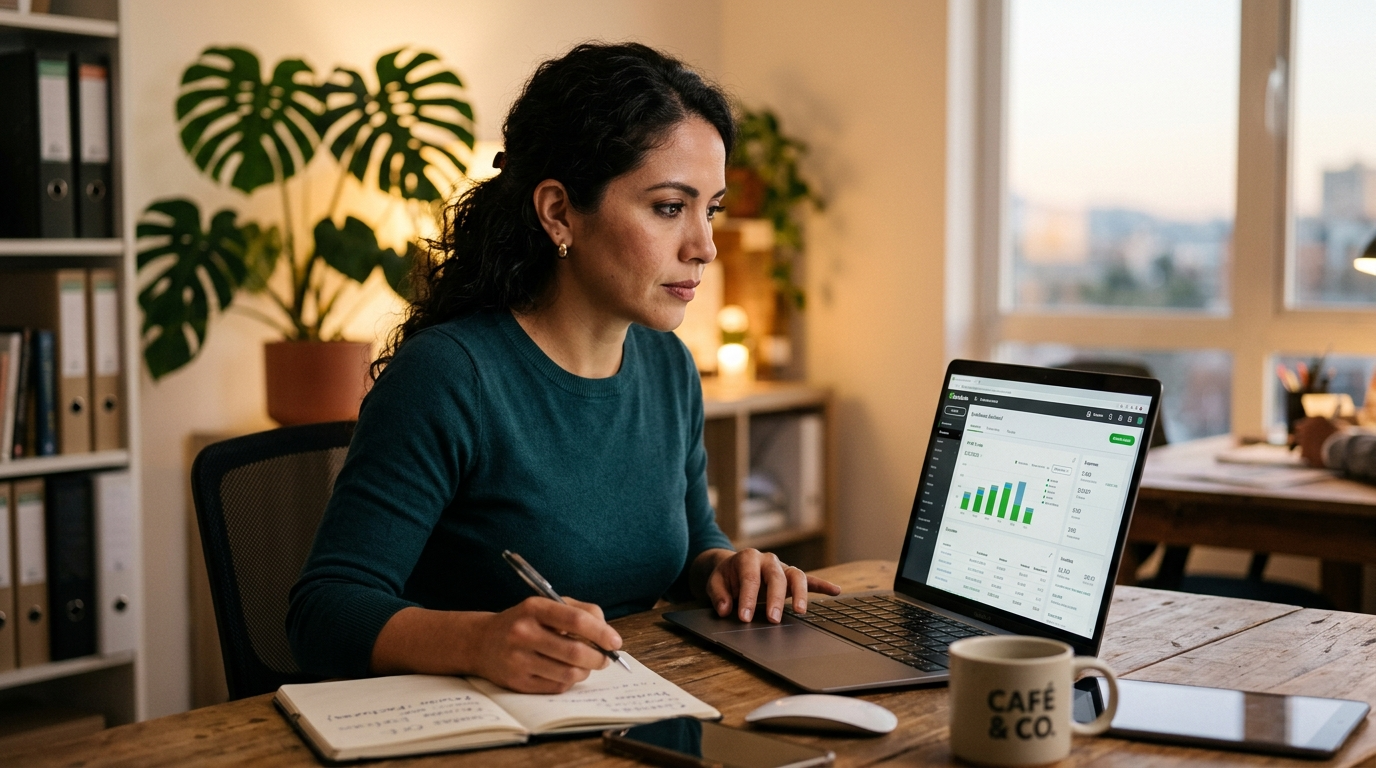 Nearshore bookkeeping virtual assistant reviewing QuickBooks financial dashboard for US business client growth tracking