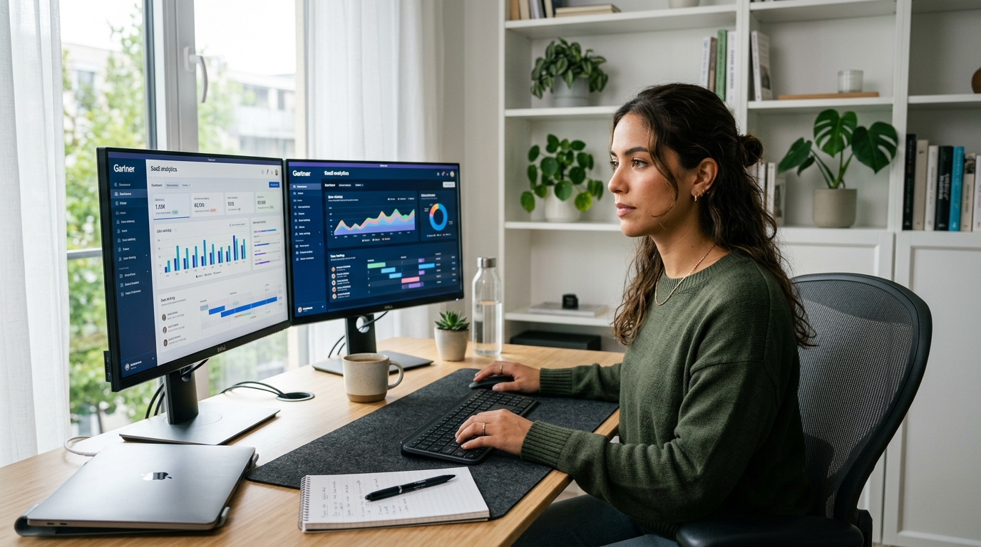 Latin American nearshore virtual assistant supporting a SaaS company on dual monitors showing software dashboards during US business hours