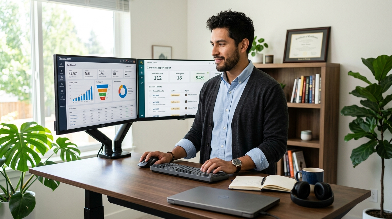 Nearshore SaaS support specialist at standing desk reviewing CRM and customer ticket dashboards during US business hours