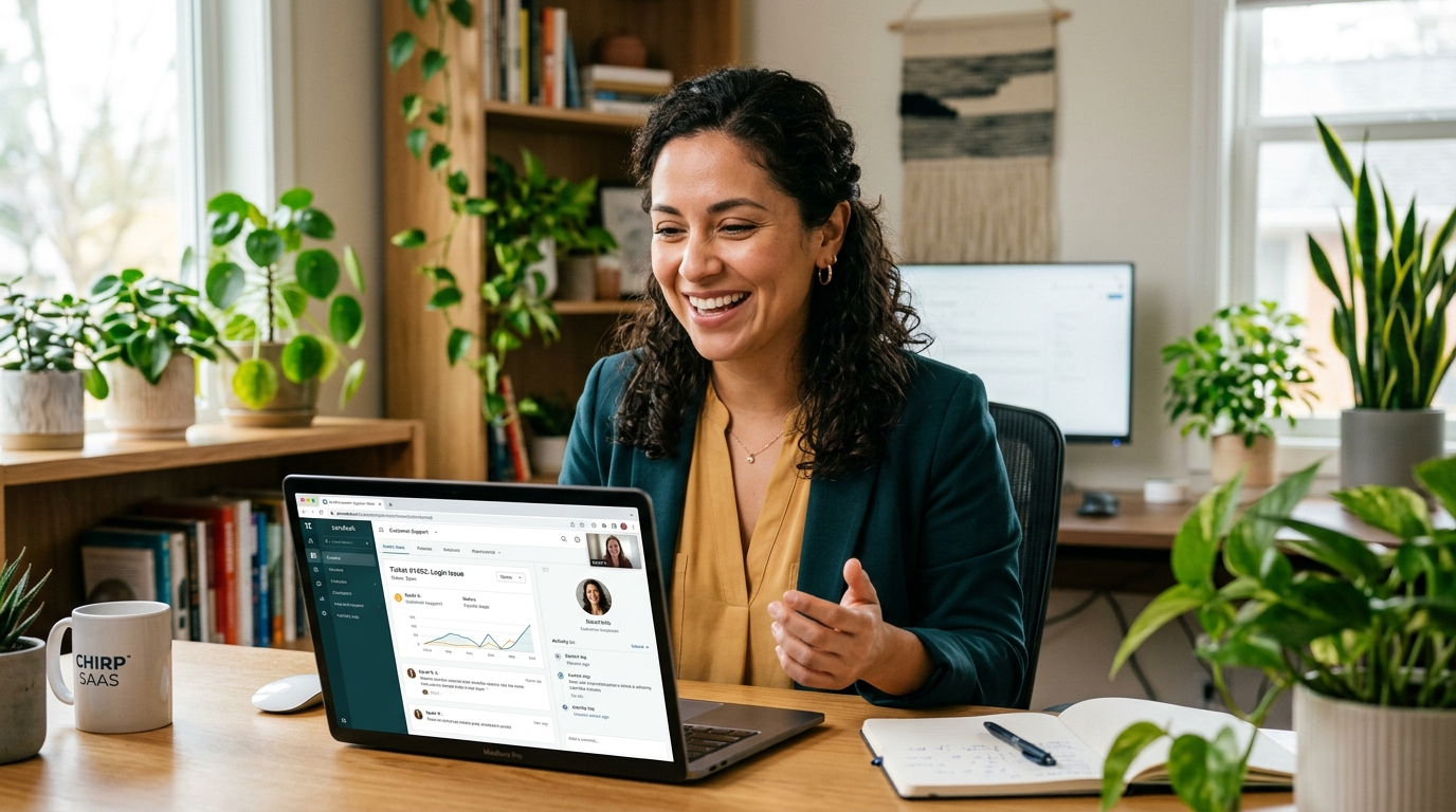 Nearshore Latin American customer success specialist on a live video call with a SaaS customer, laptop showing support dashboard