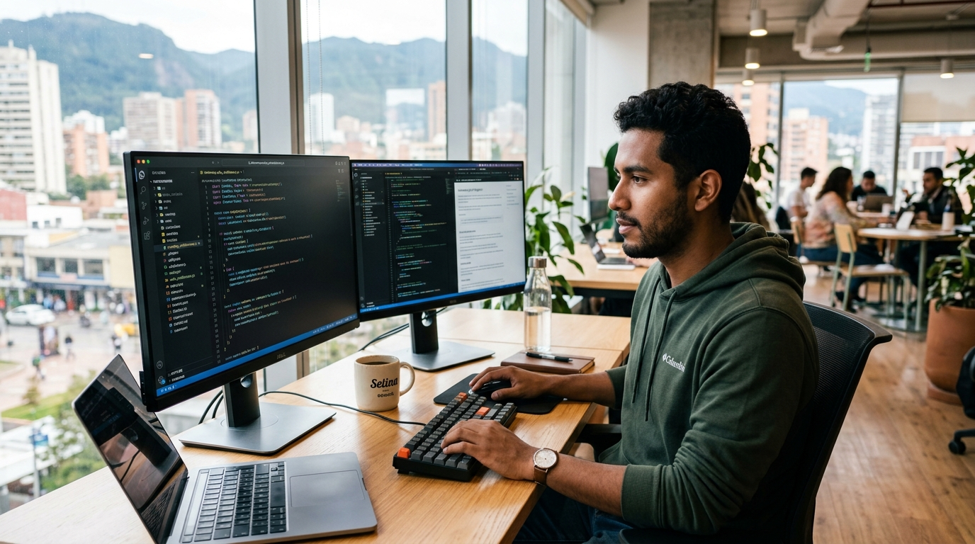 Nearshore developer in Latin America reviewing code on dual monitors for a US tech team in 2026