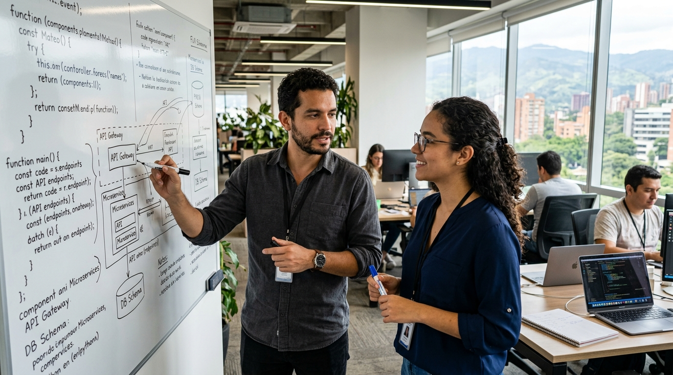 Latin American nearshore developers collaborating on a whiteboard in a modern Medellín office for a US tech team