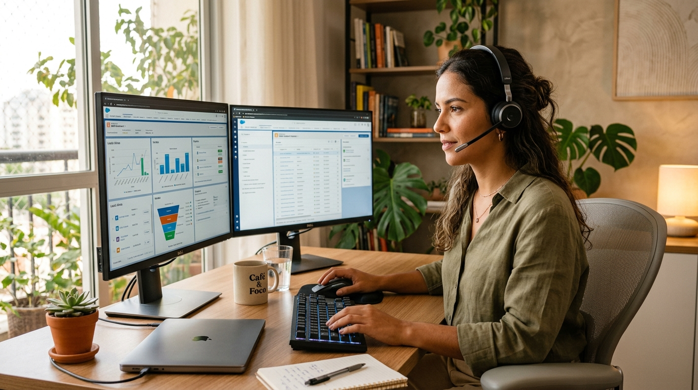 Latin American nearshore staffing virtual assistant working at a dual-monitor home office desk during US business hours