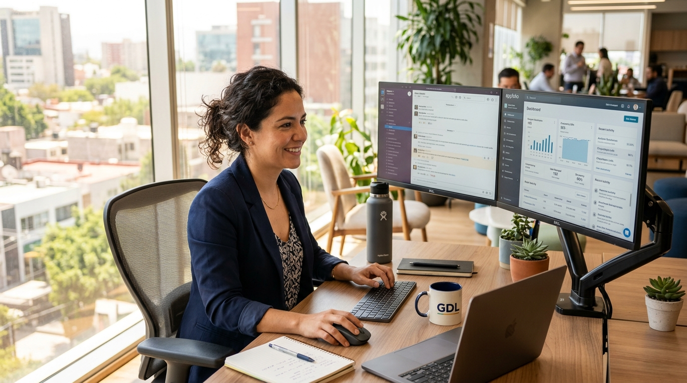 Nearshore staffing provider GDL — Guadalajara virtual assistant working on AppFolio at a modern Latin American coworking office in 2026