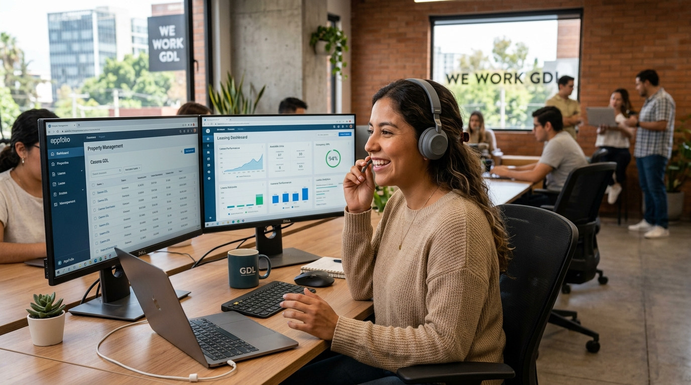 Nearshore staffing services GDL — Latin American virtual assistant at Guadalajara desk working US business hours on AppFolio leasing dashboard