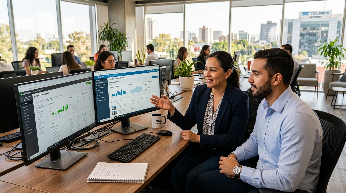 Nearshore GDL staffing team members collaborating on QuickBooks and property management software in a Guadalajara office