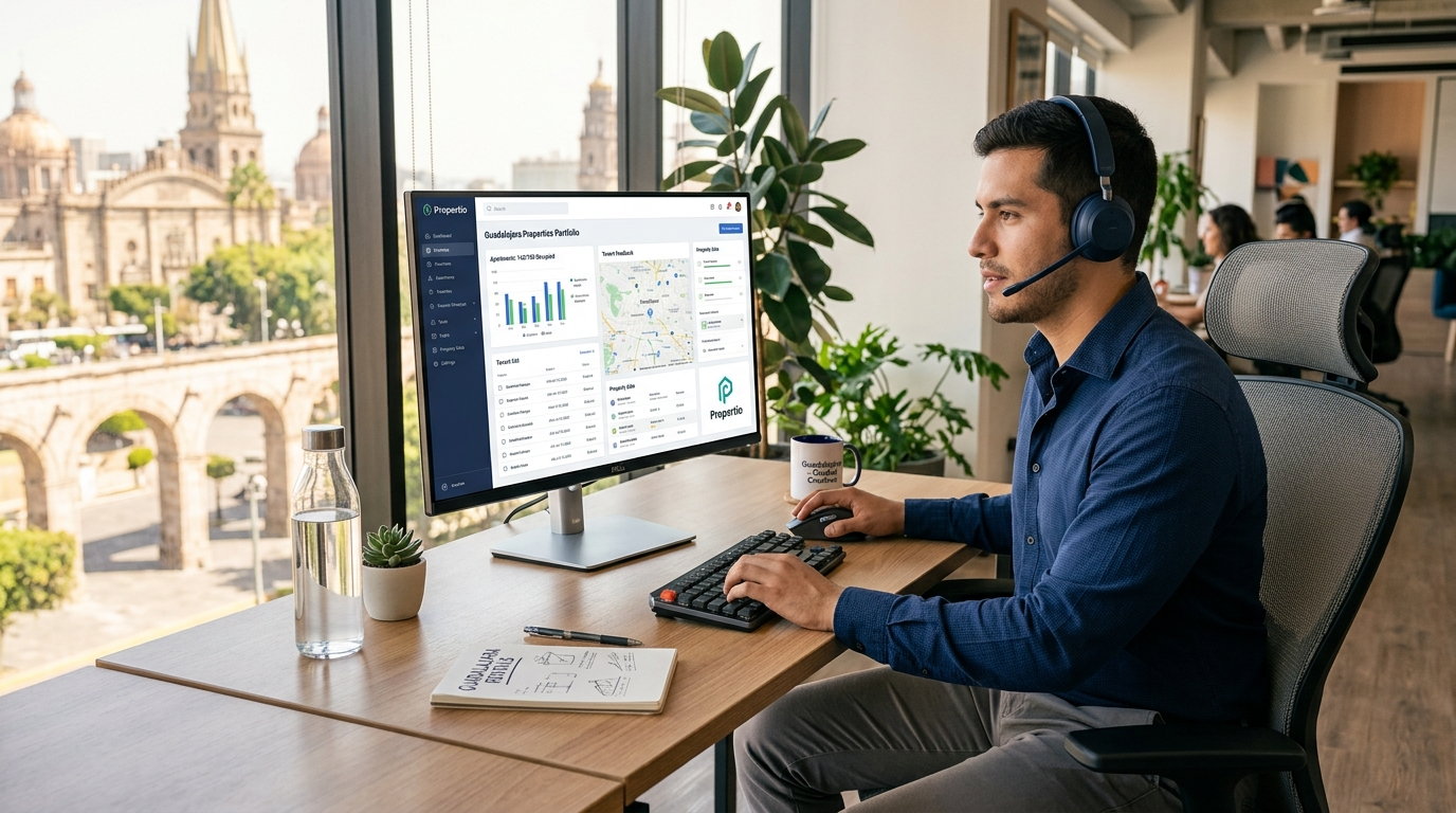 GDL nearshore virtual assistant on headset handling live property management inquiries during US business hours