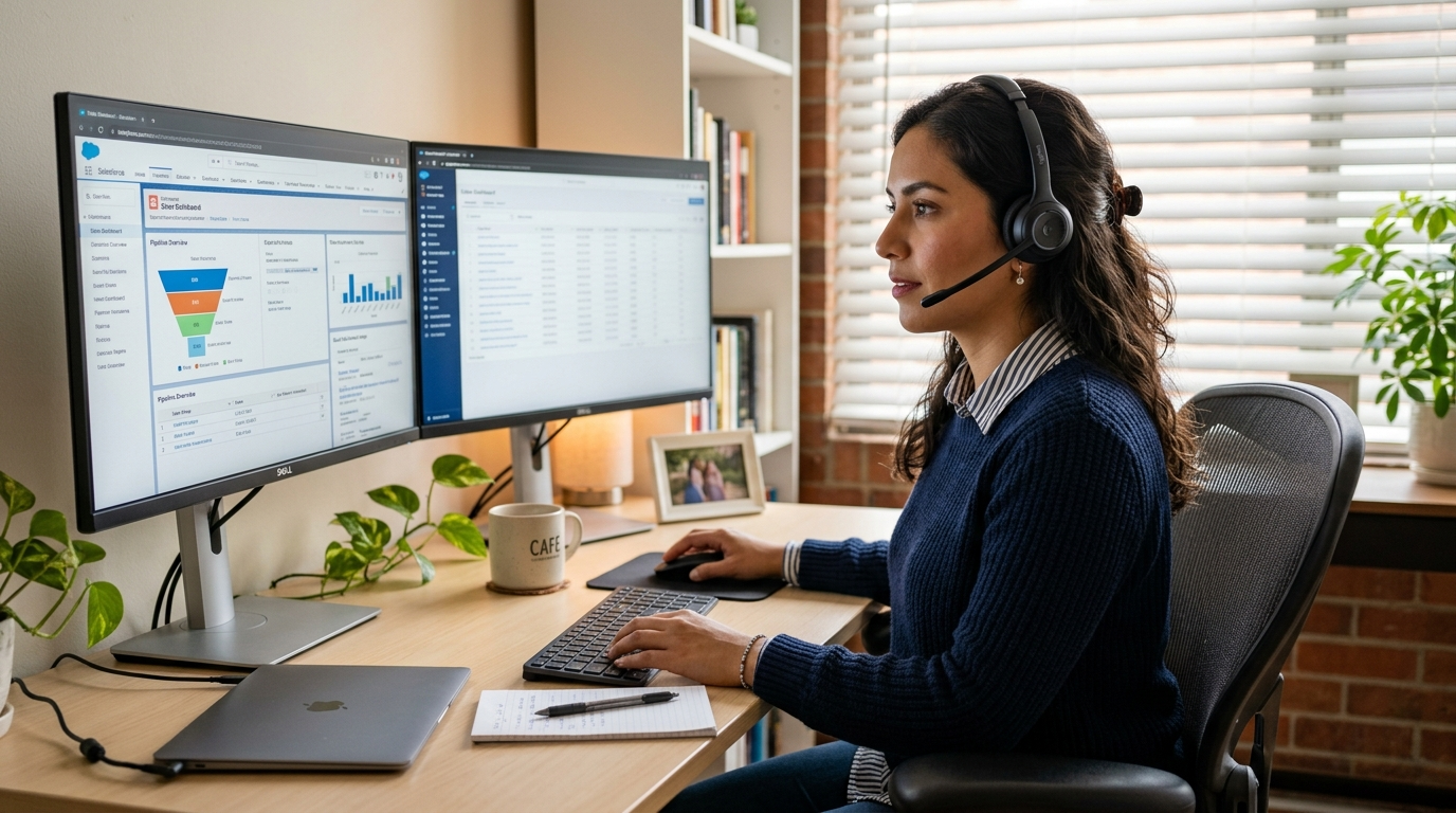 Latin American virtual assistant using nearshore staffing solutions at a modern home office desk with dual monitors