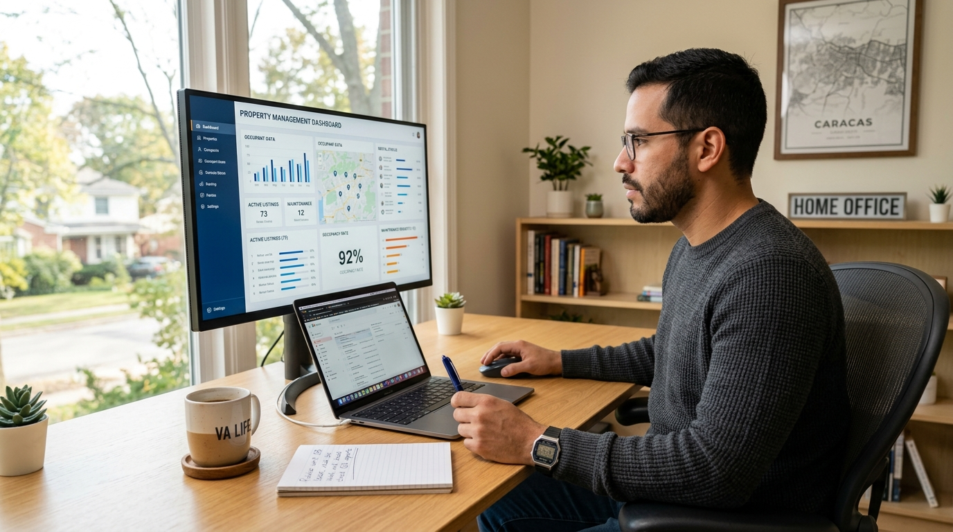 Nearshore virtual assistant reviewing property management software dashboard as part of a staffing solution