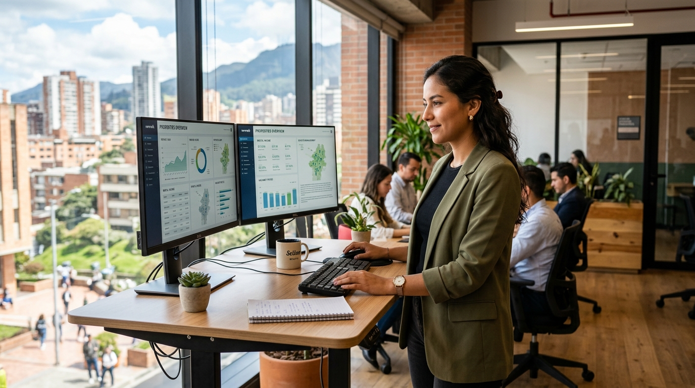 Latin American virtual assistant performing nearshore talent acquisition role, reviewing property management software on dual monitors in a bright Bogotá office