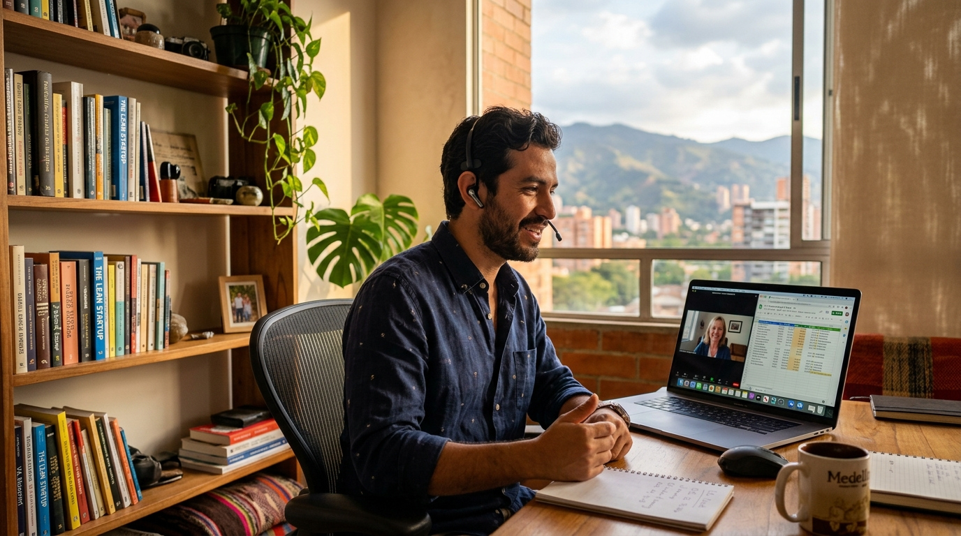 Nearshore talent acquisition in practice: Latin American VA on a real-time video call with a US business client, laptop showing a financial spreadsheet