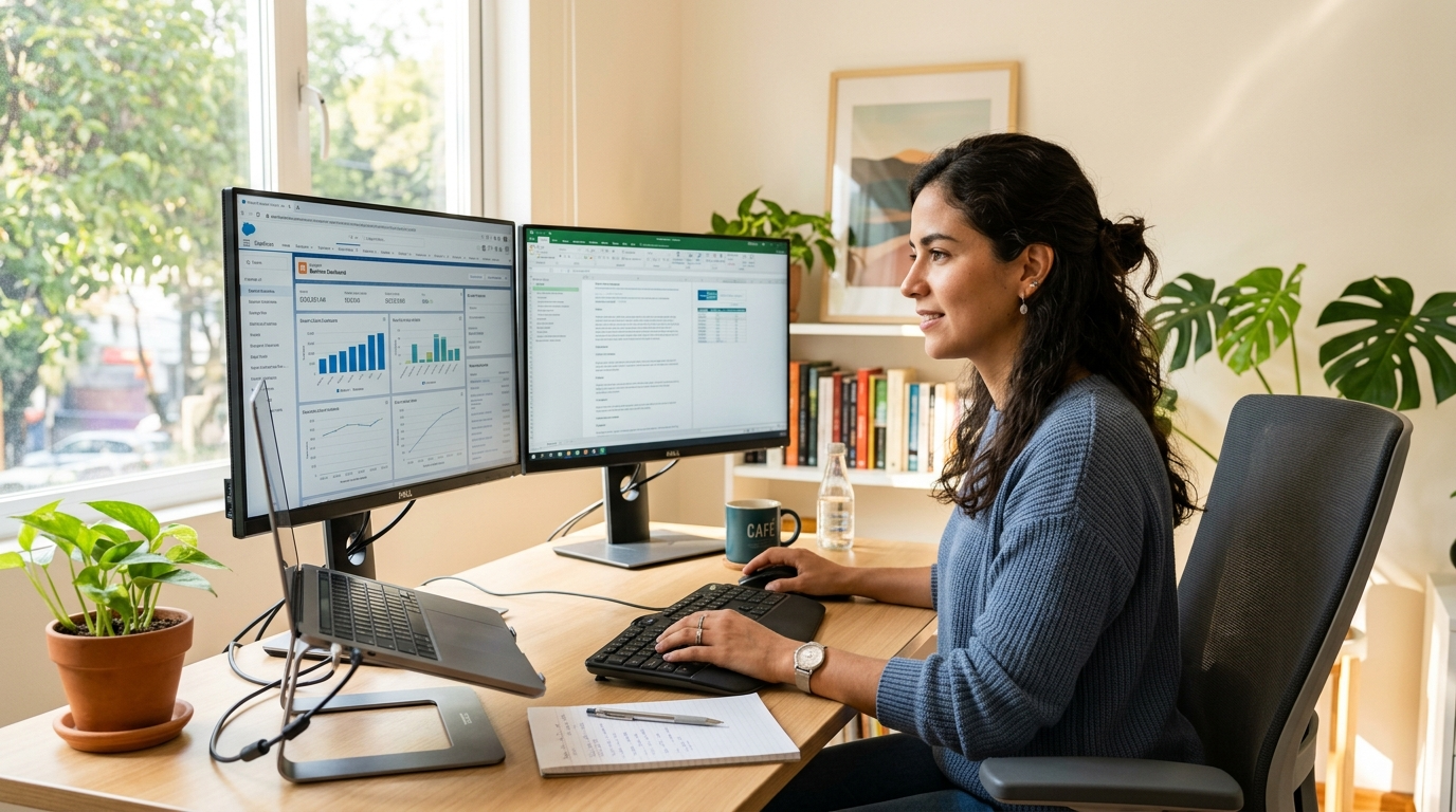 Latin American nearshore virtual assistant working for a US business on dual monitors in a bright modern home office