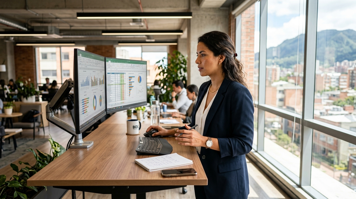Nearshore talent professional reviewing business data on dual monitors in a Latin American co-working office, 2026.
