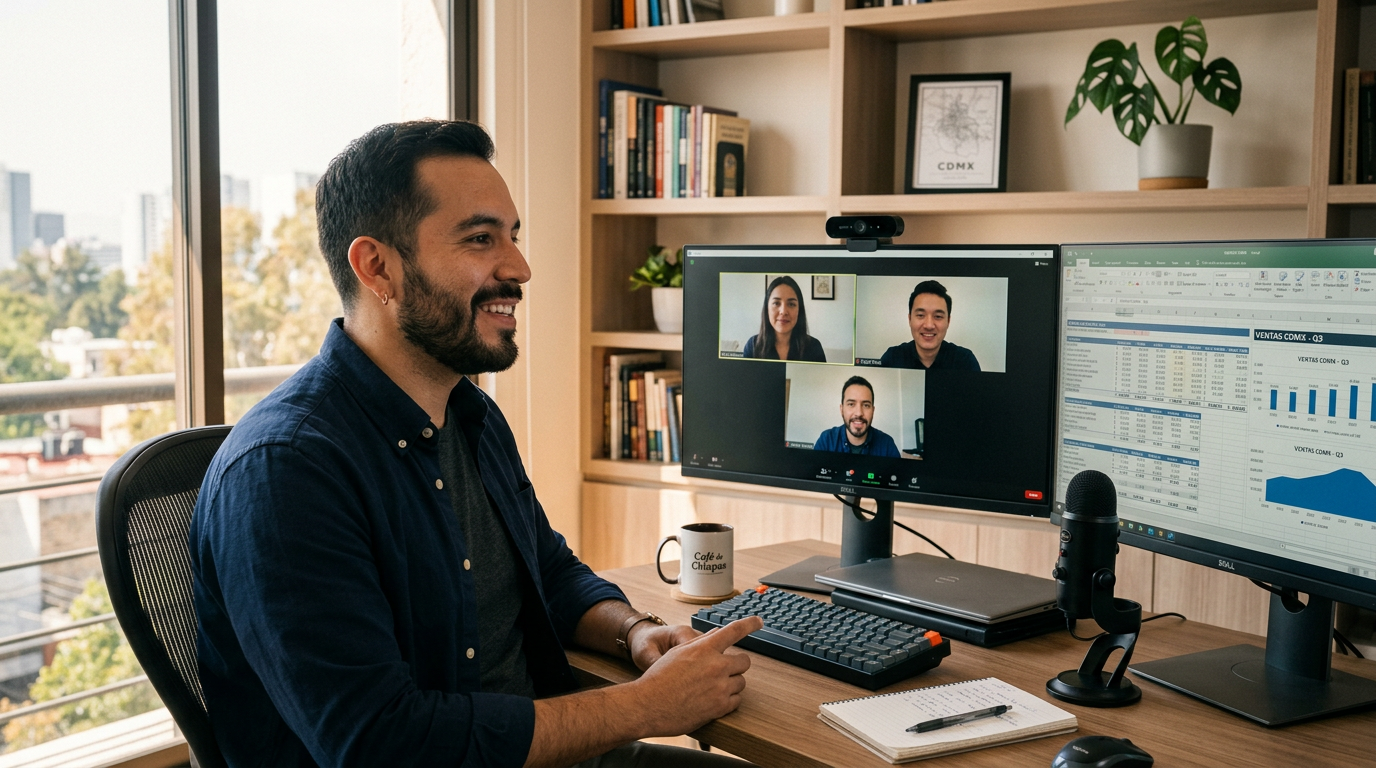 Nearshore talent professional in Mexico City on a real-time video call with a US business client, displaying financial data on screen.
