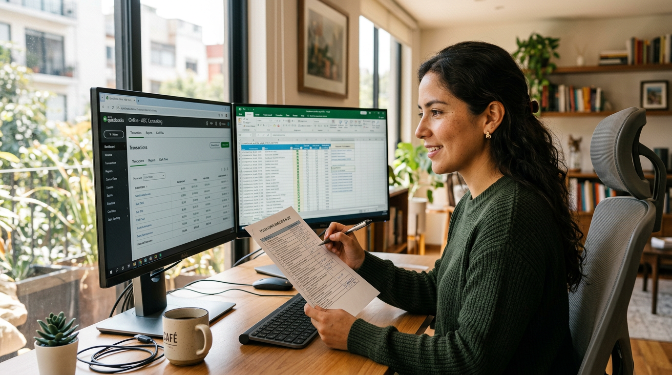 Nearshore tax accounting team member in Latin America reviewing a 2026 compliance checklist on QuickBooks, dual monitors, home office