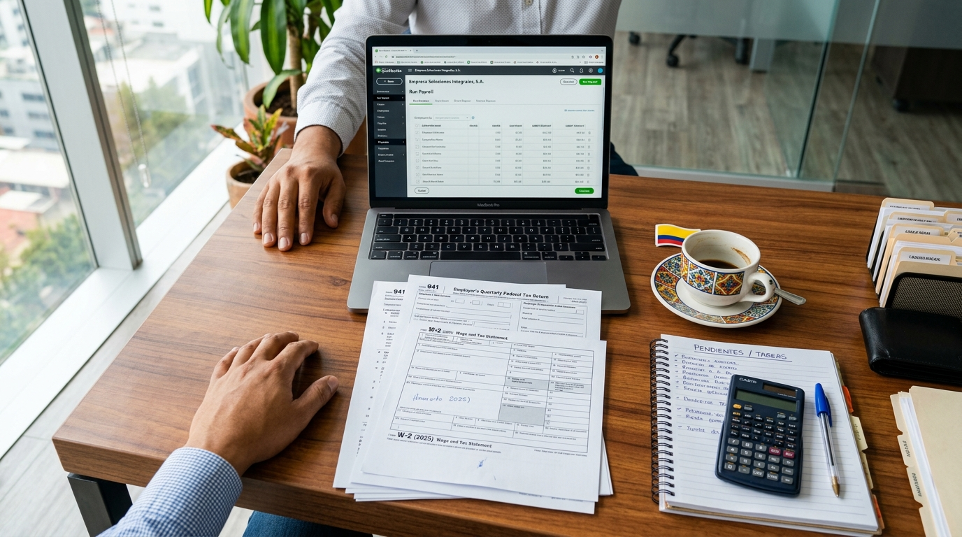 Nearshore accounting team member reviewing IRS compliance forms alongside QuickBooks payroll dashboard, 2026