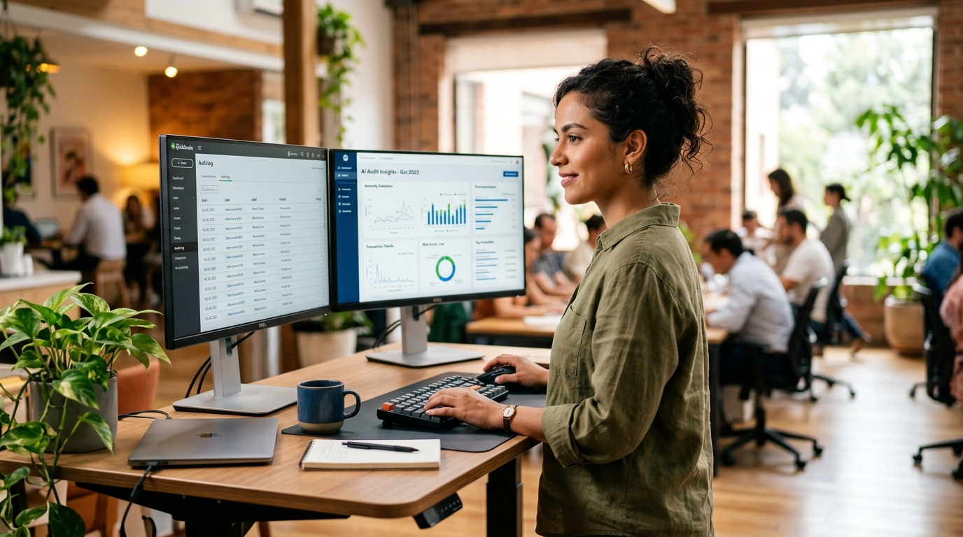 Nearshore tax accounting team member reviewing QuickBooks audit log and AI copilot dashboard for 2026 compliance checklist