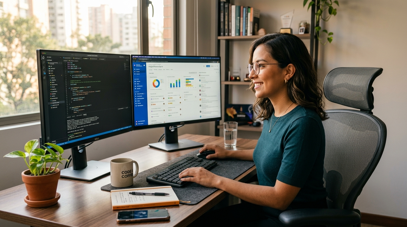 Latin American tech professional working on nearshore tech recruitment tasks for a California business, dual monitors, modern home office