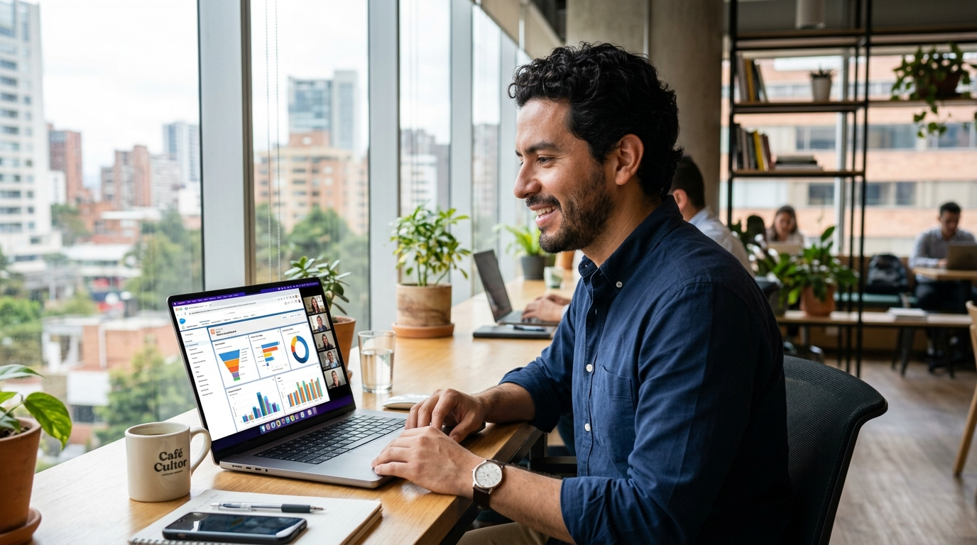 Nearshore tech recruitment team member on video call with California client, Salesforce dashboard visible, modern Latin American workspace