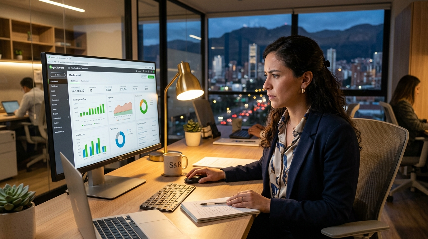 Nearshore tech operations professional reviewing QuickBooks data for a California client, modern Latin American office, city view